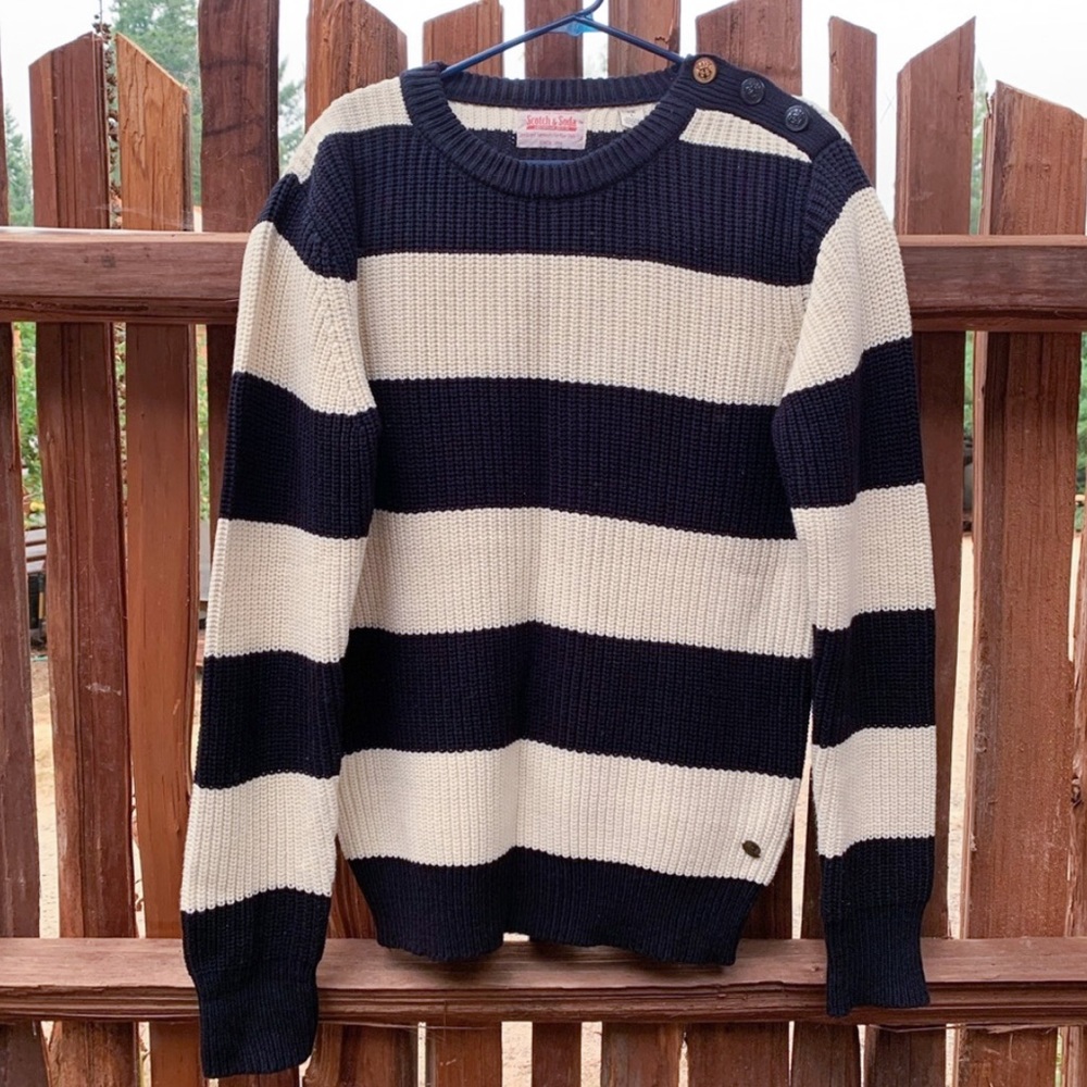 Scotch & Soda color block striped chunky heavy knit crewneck oversized sweater - Picture 7 of 15